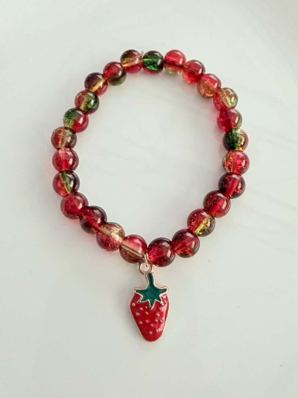 Red Beaded Stretch Bracelet with Strawberry Charm